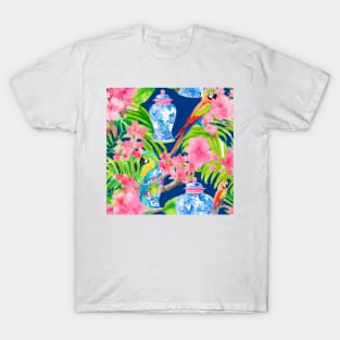 Macaw parrots and chinoiserie jars on navy blue T-Shirt